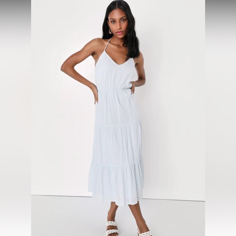 Lulus Sunny Reverie Light Blue Swiss Dot Lurex Halter Midi Dress